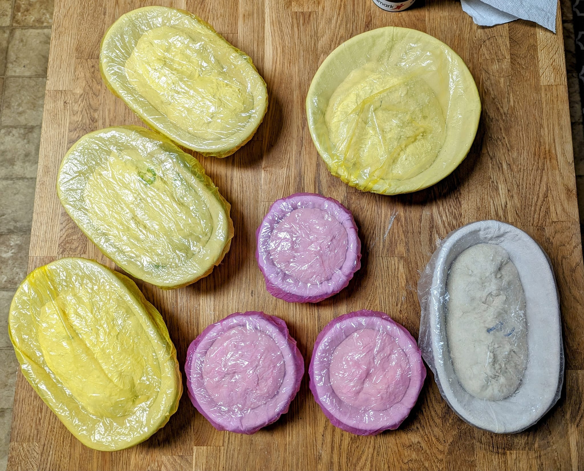 Colorful sourdough dough rounds in bannetons wrapped in plastic on a wooden board